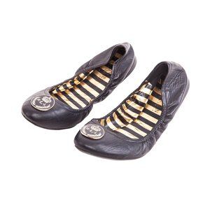 Ralph Lauren Brittany Leather Ballet Flats Size 5.5B Black Gold Logo Toe Slip